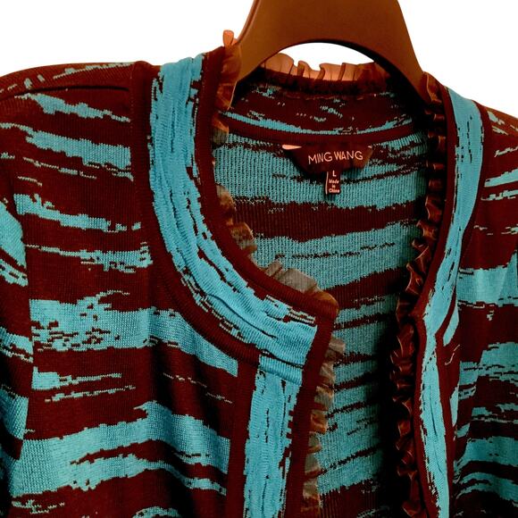 Ming Wang Cardigan Jacket Teal Blue Brown Ruffle Trim Large - Picture 2 of 8